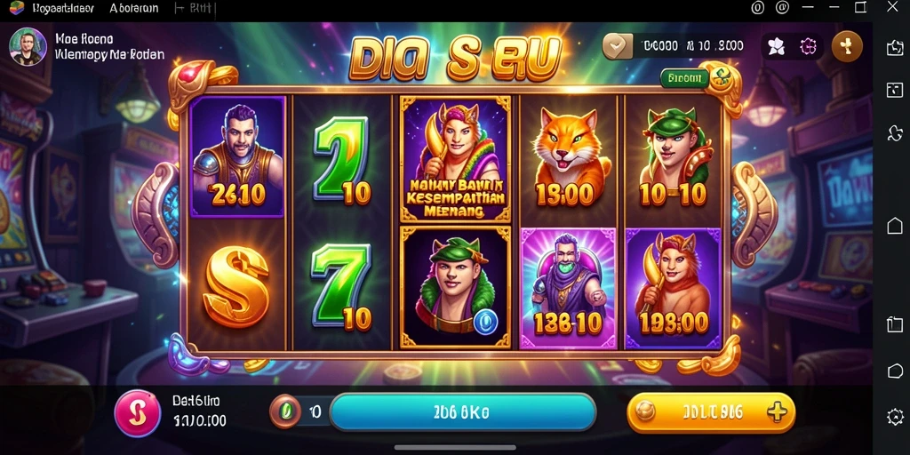 Tampilan gameplay D06 yang menampilkan gulungan dan simbol slot.