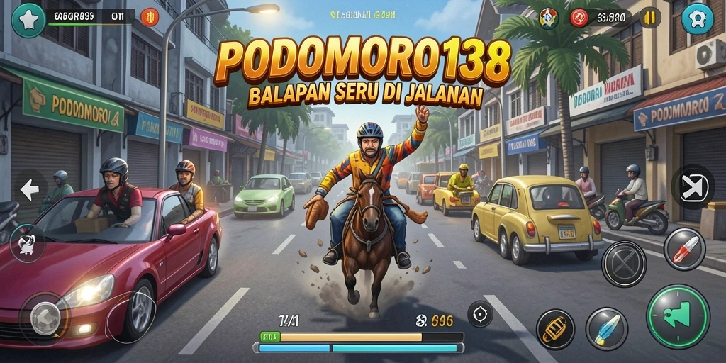 Tampilan gameplay seru di PODOMORO138 dengan mobil balap yang memukau.