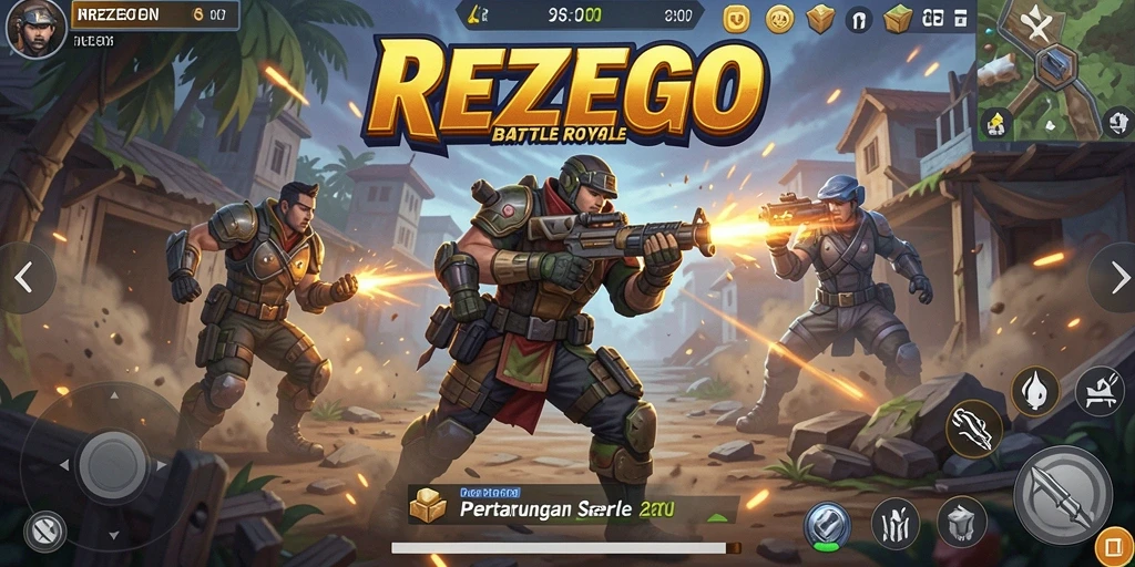 Gambaran layar permainan REZEGO yang menampilkan aksi intens Battle Royale.