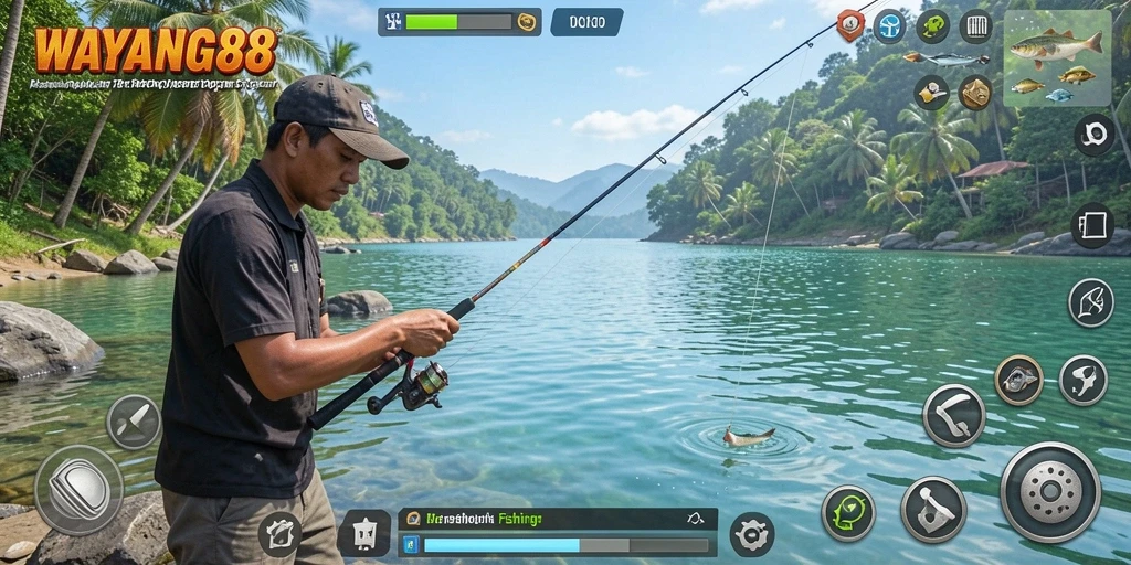 Screenshot gameplay WAYANG88 menunjukkan aksi memancing yang mendebarkan.